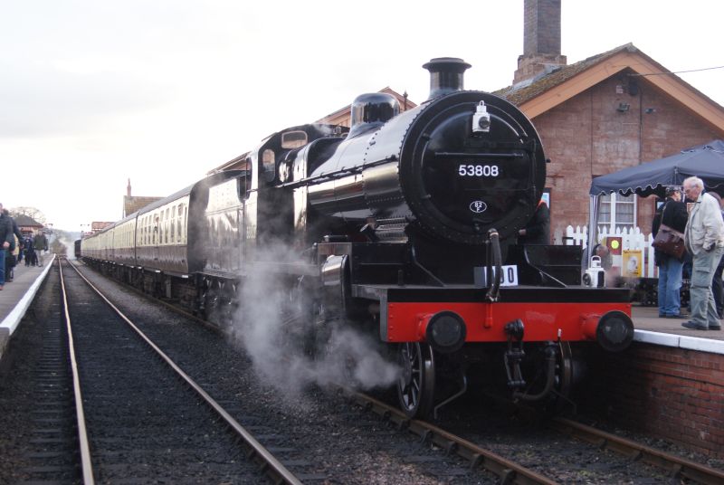 Too shiny Somerset  Dorset Fowler 7F no 53808 at Bishop's Lydeard, having hauled the DRSA's private train back from the Norton Fitzwarren triangle. 48624 was on the other end for the ride.brPhotographer Jon Kelsey