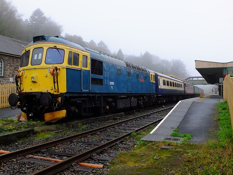 33103 'Swordfish' with the Polar Express stock in typical Okehampton weather