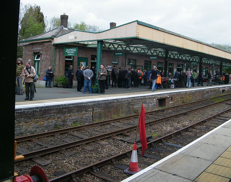 Good crowds enjoying the Okehampton station hospitality whilst waiting for the Devon Explorer railtour to return from Meldon
