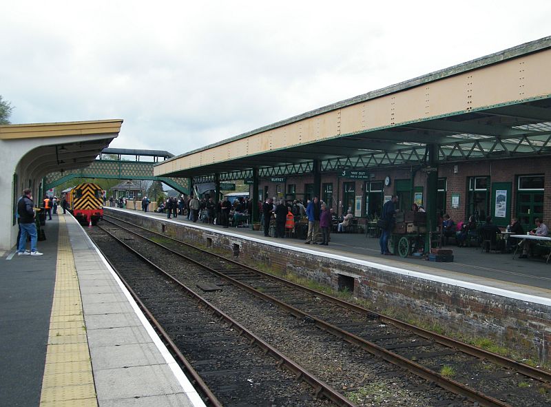 Good crowds enjoying the Okehampton station hospitality whilst waiting for the Devon Explorer railtour to return from Meldon