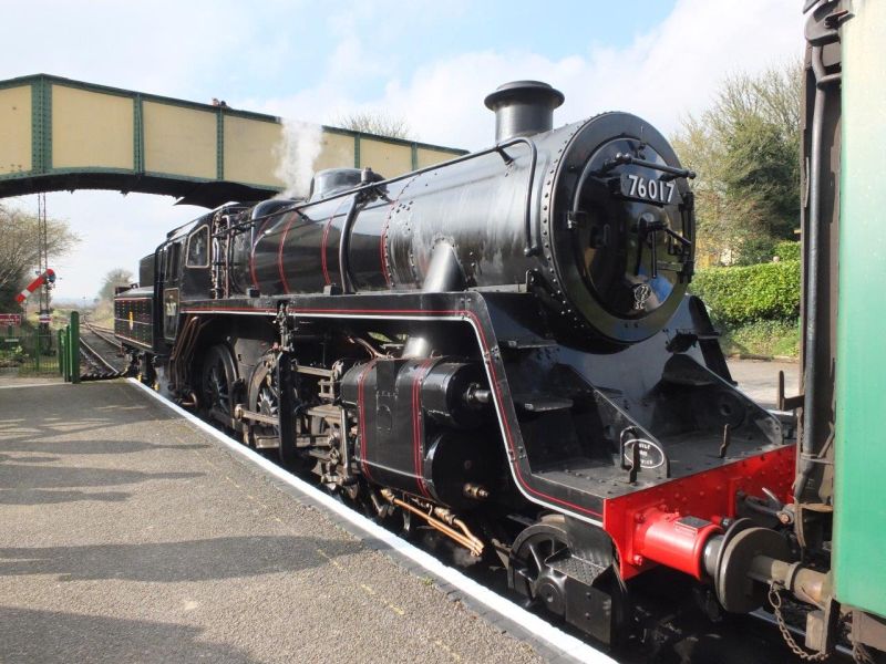 BR Standard class 4 76017 at Ropley, under the former North Tawton footbridge.