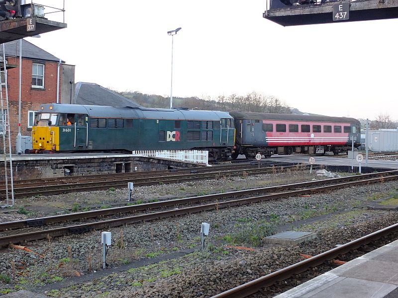 31601 yet again, calling at Exeter whilst returning an ex-Polar Express coach