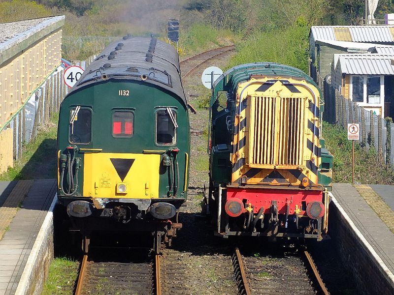 On the first day of heritage services restarting for 2014, Thumper 1132/205032 departs Okehampton with the 1517 service for Bow, passing 08 937 as it does so.