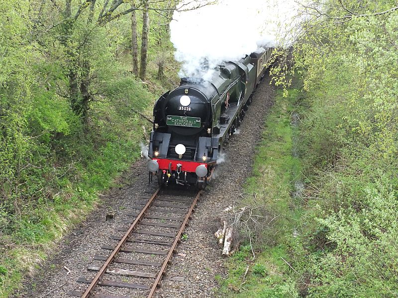 SR Merchant Navy pacific 35028 'Clan Line' between North Tawton and Sampford Courtenay.