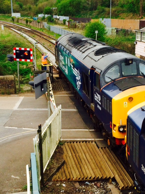 37059's driver collects the single line staff from the Crediton signalman, before proceeding to Okehampton with the Devon Explorer railtour.