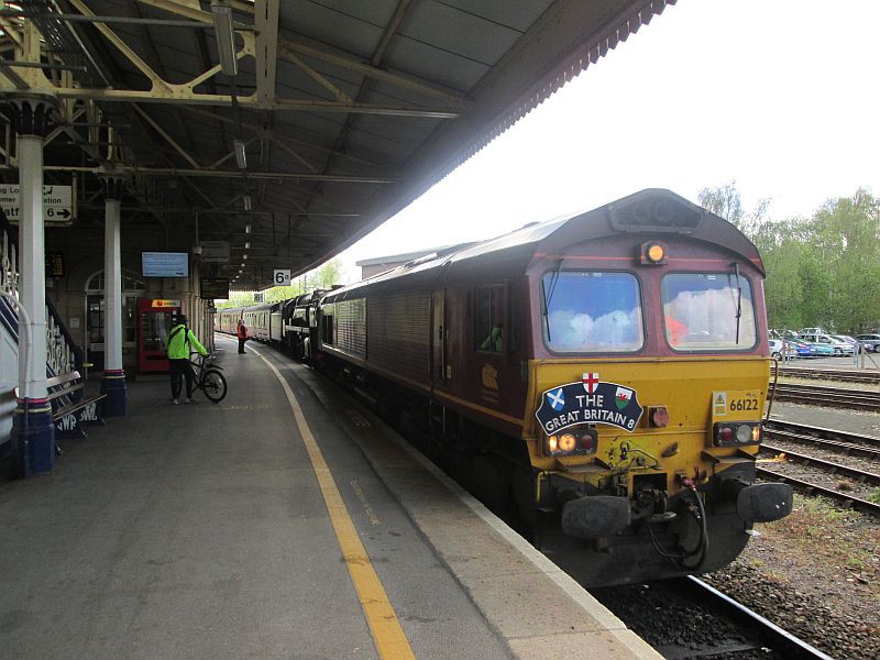 66122 piloting BR Class 7 Pacific 70000 Britannia at Exeter St Davids on the Great Britain 8 railtour, carrying DRSA's very own Peter Ritchie. The class 66 was needed to help the train on the Devon banks, but the Brit seemed to be doing most of the work on the next leg.