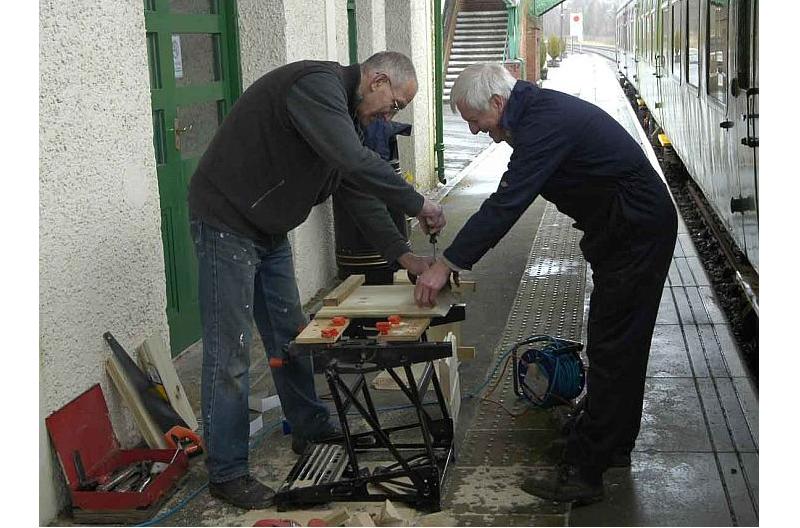 Geoff Brooks and John Coxon hard at it building the prototype planter.brPhotographer Paul MartinbrDate taken 13042013