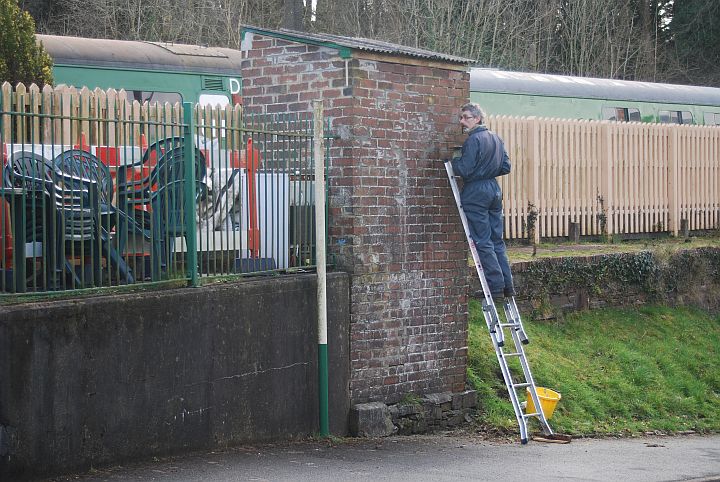 Mark Williams at work on the brickwork of the paintstore on Okehampton platform 3.brPhotographer Tom BaxterbrDate taken 09032013