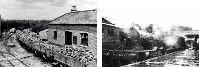 Left Ball clay loaded at Peters Marland. Right A 460 class express passenger  locomotive waiting at Torrington Station. Built by Robert Stephenson, it entered service as LSWR 473 in June 1884. It was renumbered 0473, transferred to the Southern Railway in January 1923 and withdrawn from service in October 1928.