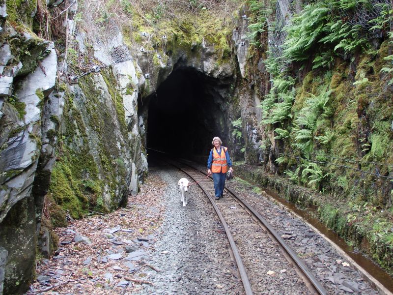  Familiar faces emerge from the Goat Tunnel at Beddgelert on return from a 'Black Hand Gang' working party. 