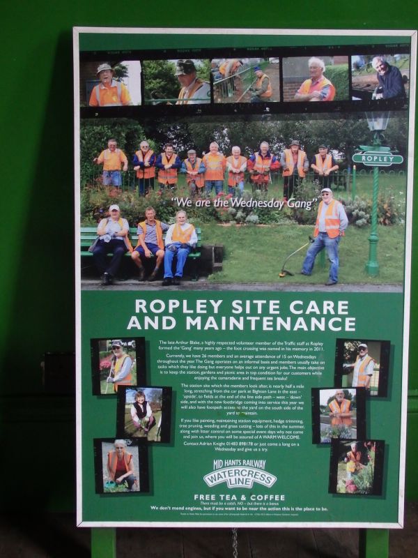 Poster for Ropley's site 'Care  Maintenance' Team. 26 members with an average attendance of 15 Free tea and coffee They don't know they're born.brPhotographer Tom BaxterbrDate taken 24072015