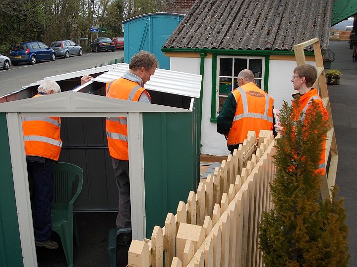 l to r John Coxon on loan from the Carriage and Wagon team, Paul Martin, Geoff Brooks and John Caesar. John Caesar was in charge of translating the instructions, while the rest of us hammered the screws in ...brPhotographer Jon KelseybrDate taken 01042012