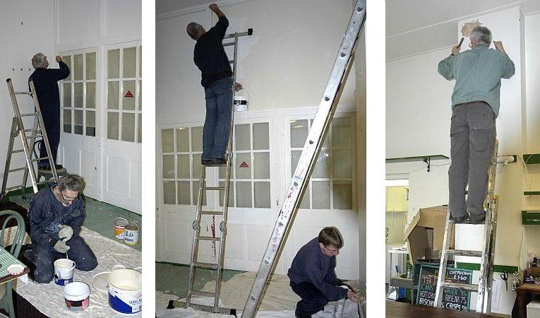 Left Dave Clegg and Mark Williams and centre Geoff Brooks and John Caesar get stuck into the painting, whilst right Jon Kelsey removes the first of a worrying amount of loose plaster from the chimney breast.brPhotographer Paul Martin allbrDate taken 03112012