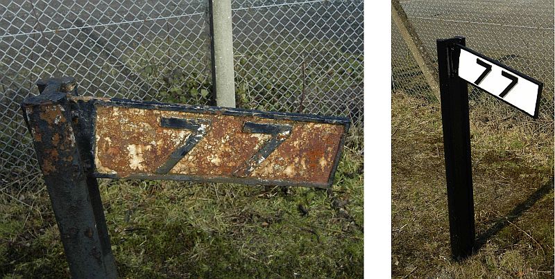 'Before' and 'after' shots of the gradient post at the Exeter end of Okehampton station. As an ex-Station Maintenance team member, Duty Manager Paul Martin couldn't stop himself giving it a coat of paint.