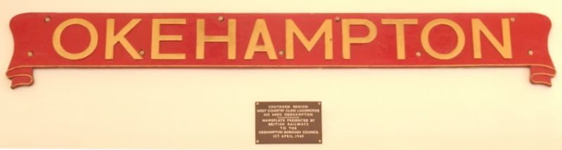 The nameplate from Bulleid West Country Pacific locomotive 21C11334013 'Okehampton', built at Brighton in 1945, and withdrawn in July 1967. Sadly it didn't survive into preservation.brPhotographer Alan Clark