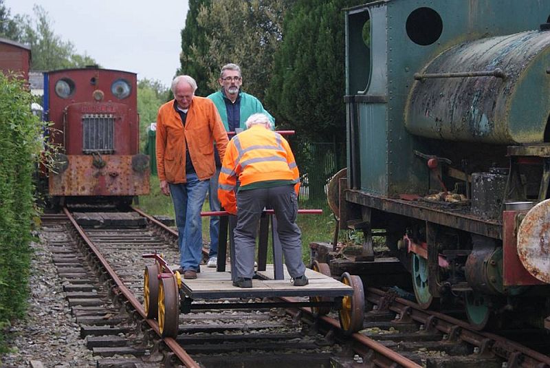 Mark Williams and Tom Baxter blasting past the Peckett on the pump trolley, with proprietor Chris Grove keeping an eye on things.brPhotographer Jon KelseybrDate taken 30052015