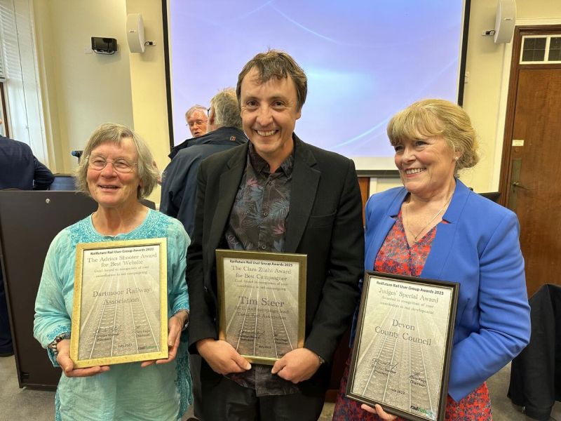 The Devon award winners l to r Sue Baxter DRA, Tim Steer TRA  ACE Rail, Andrea Davis DCCbrDate taken 15072023